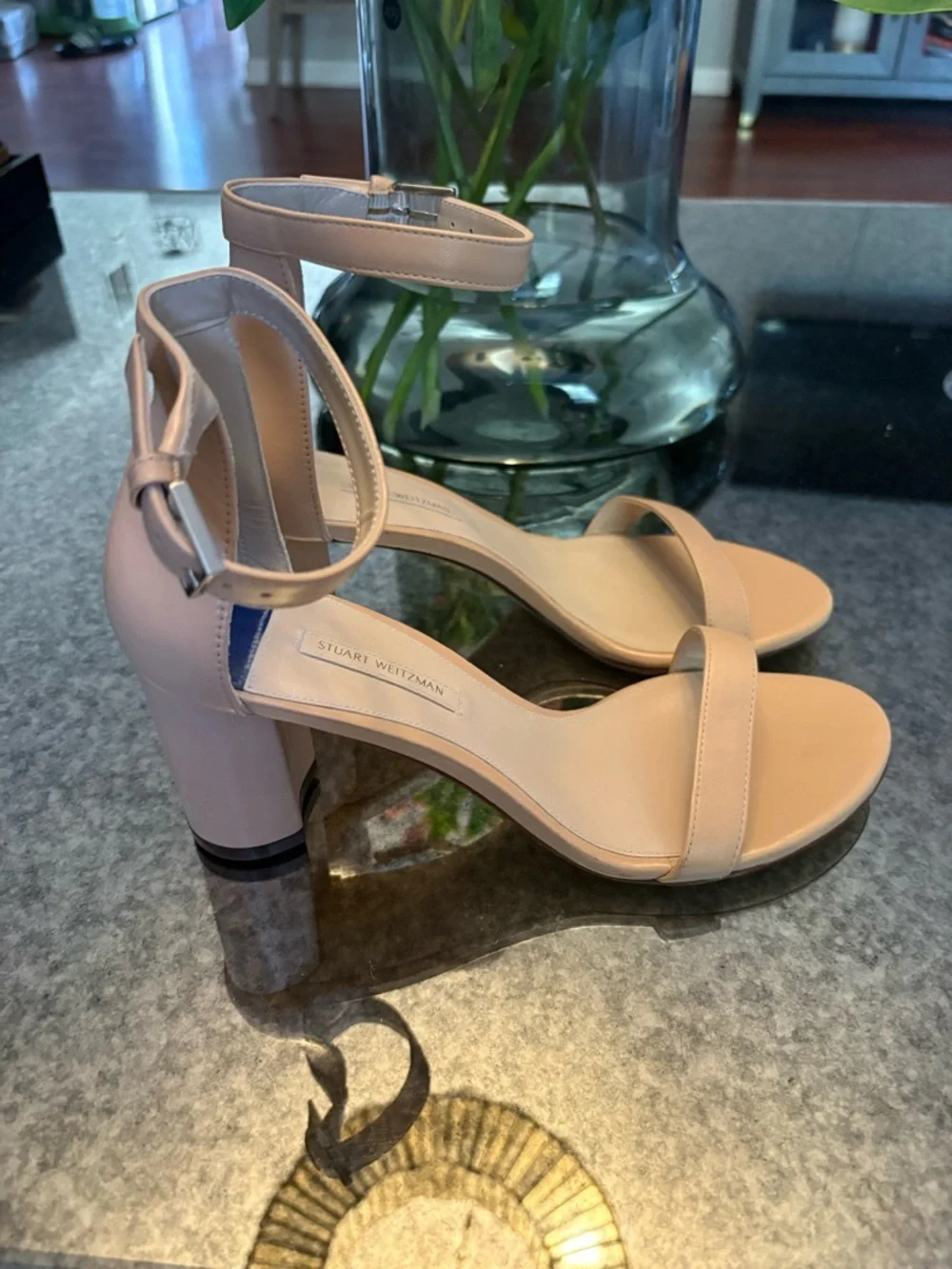 Stuart Weitzman Blush Nude Ankle Strap Block Heel Sandals